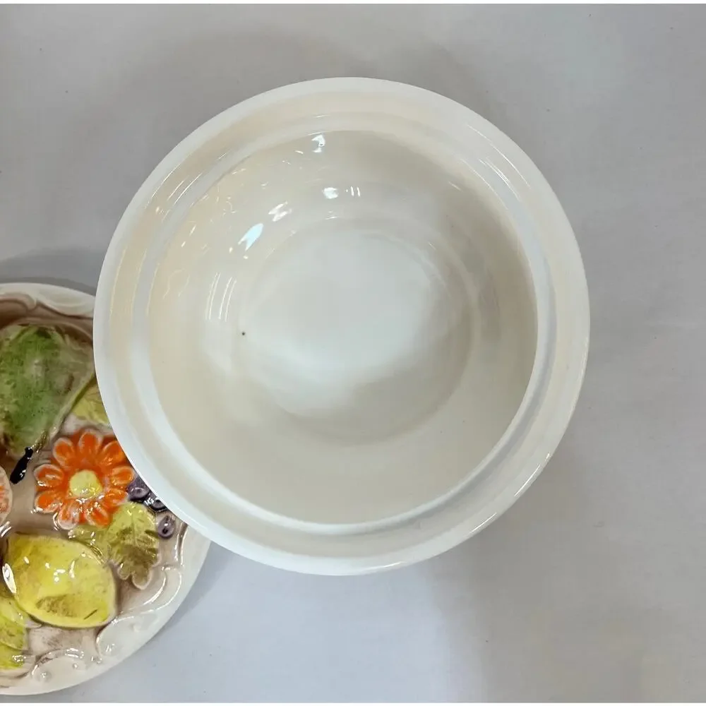 Covered Dish Ceramic Retro Raised Fruit & Floral Pattern Candy Sugar Vintage